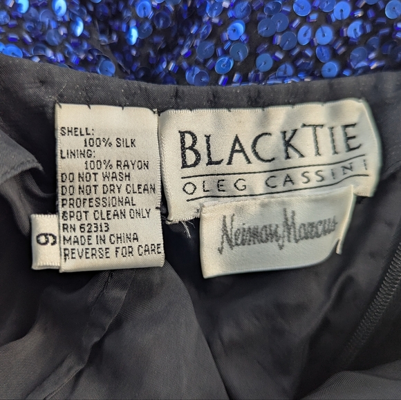 Vintage Oleg Cassini Neiman Marcus Blue Sequin Beaded Silk Cocktail Dress - Picture 2 of 12